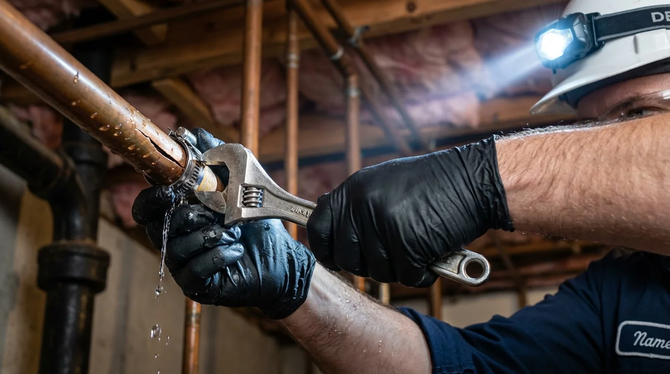 Emergency pipe clamp repair being performed by a Johns Plumbing LLC plumber in Falmouth