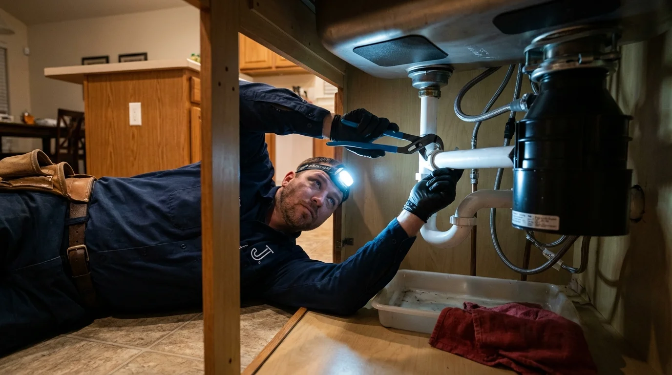 P-trap and supply line connections under a kitchen sink showing a common leak point in Falmouth, KY